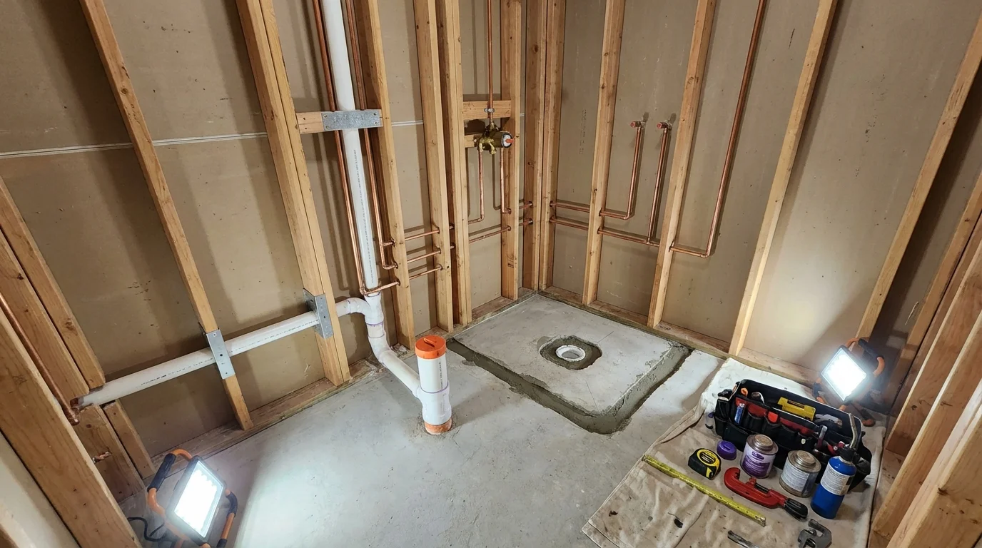 Bathroom rough-in plumbing during remodel by Johns Plumbing LLC in Leesville