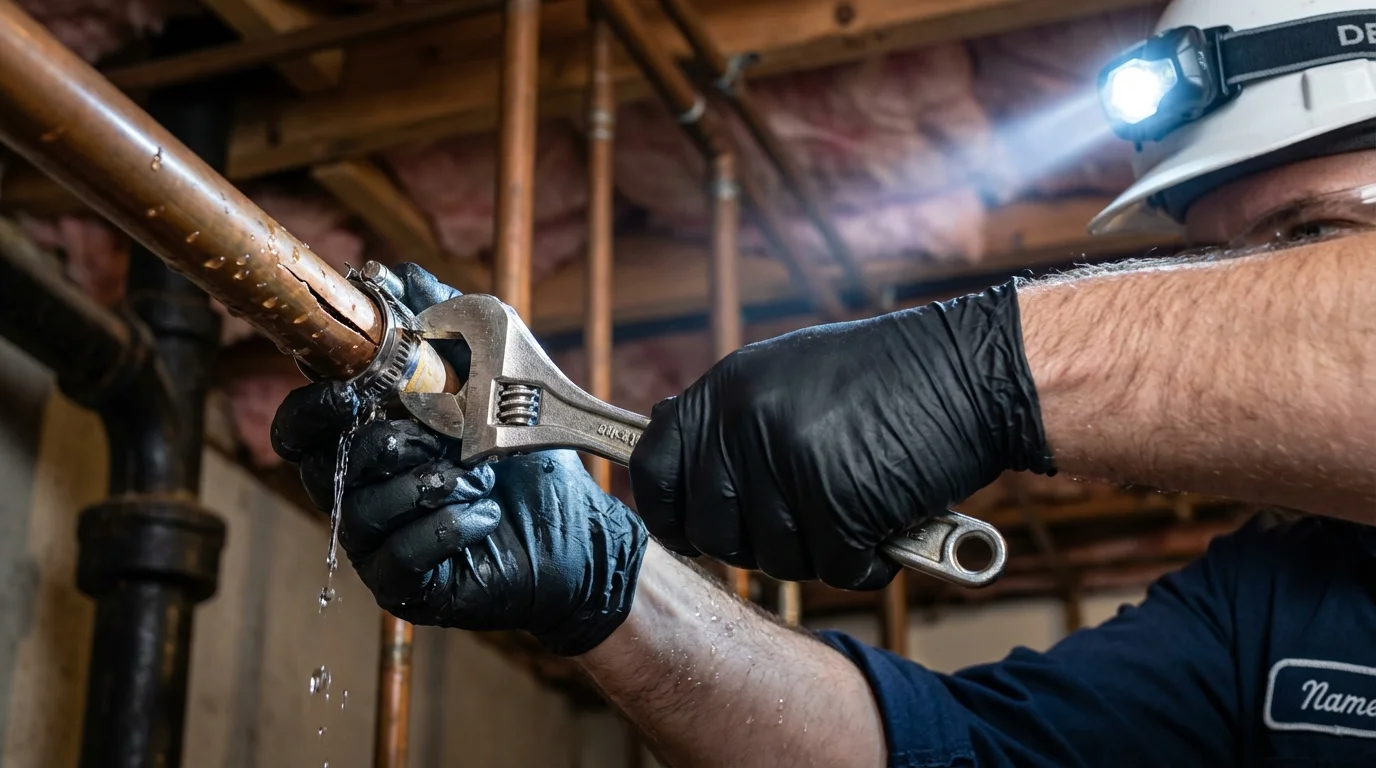 Emergency pipe clamp repair being performed by a Johns Plumbing LLC plumber in Leesville