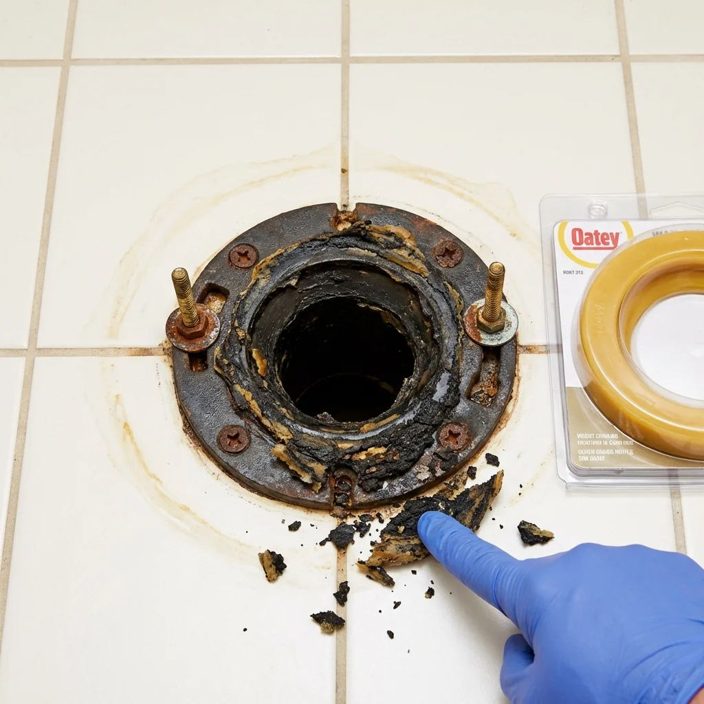 Failed wax ring showing water seepage at the base of a toilet in a Leesville, LA home