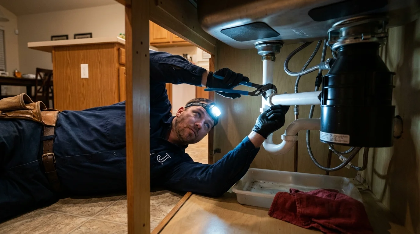 P-trap and supply line connections under a kitchen sink showing a common leak point in Leesville, LA